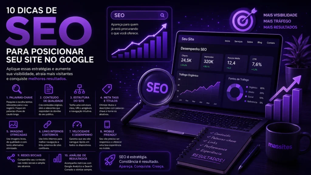 Guia de SEO Básico: Como Colocar Seu Site no Topo do Google 2 Infográfico mostrando os principais passos de SEO para sites" ou "Pessoa utilizando computador para análise de SEO
