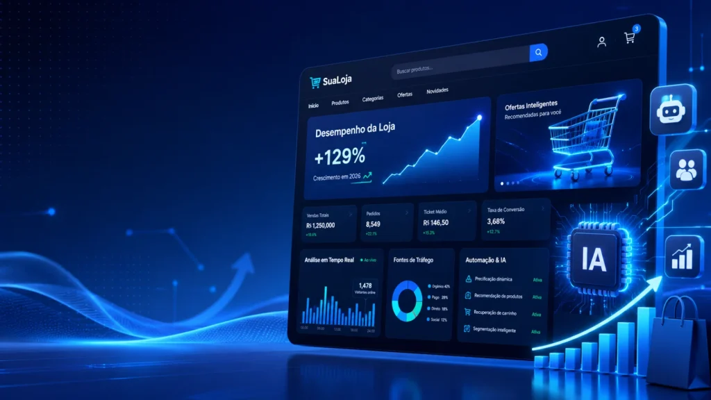 IA para E-commerce: Como a Inteligência Artificial Está Transformando as Vendas Online em 2026 6 Painel moderno de e-commerce com inteligência artificial analisando dados de vendas e comportamento dos consumidores